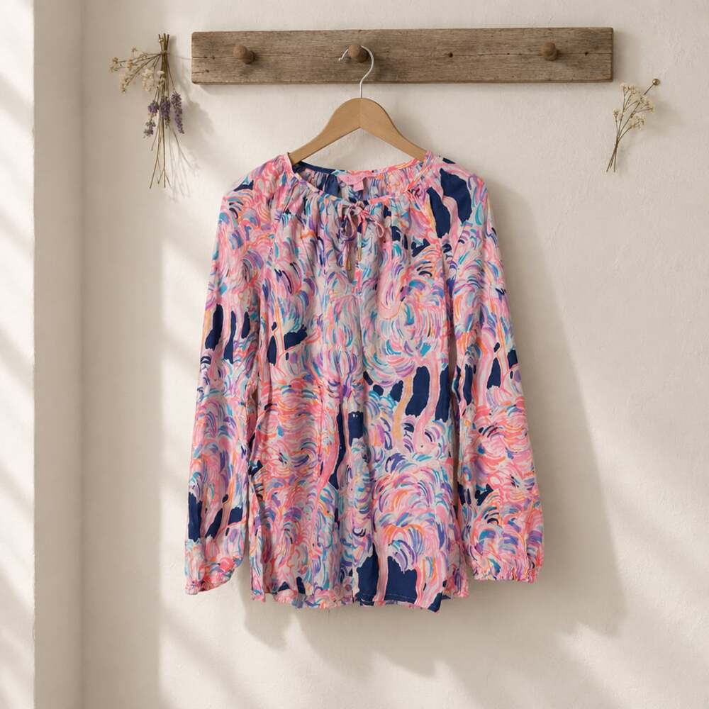 Lilly Pulitzer Willa Top Size XS Pink Multi Print Tie Neck Blouse